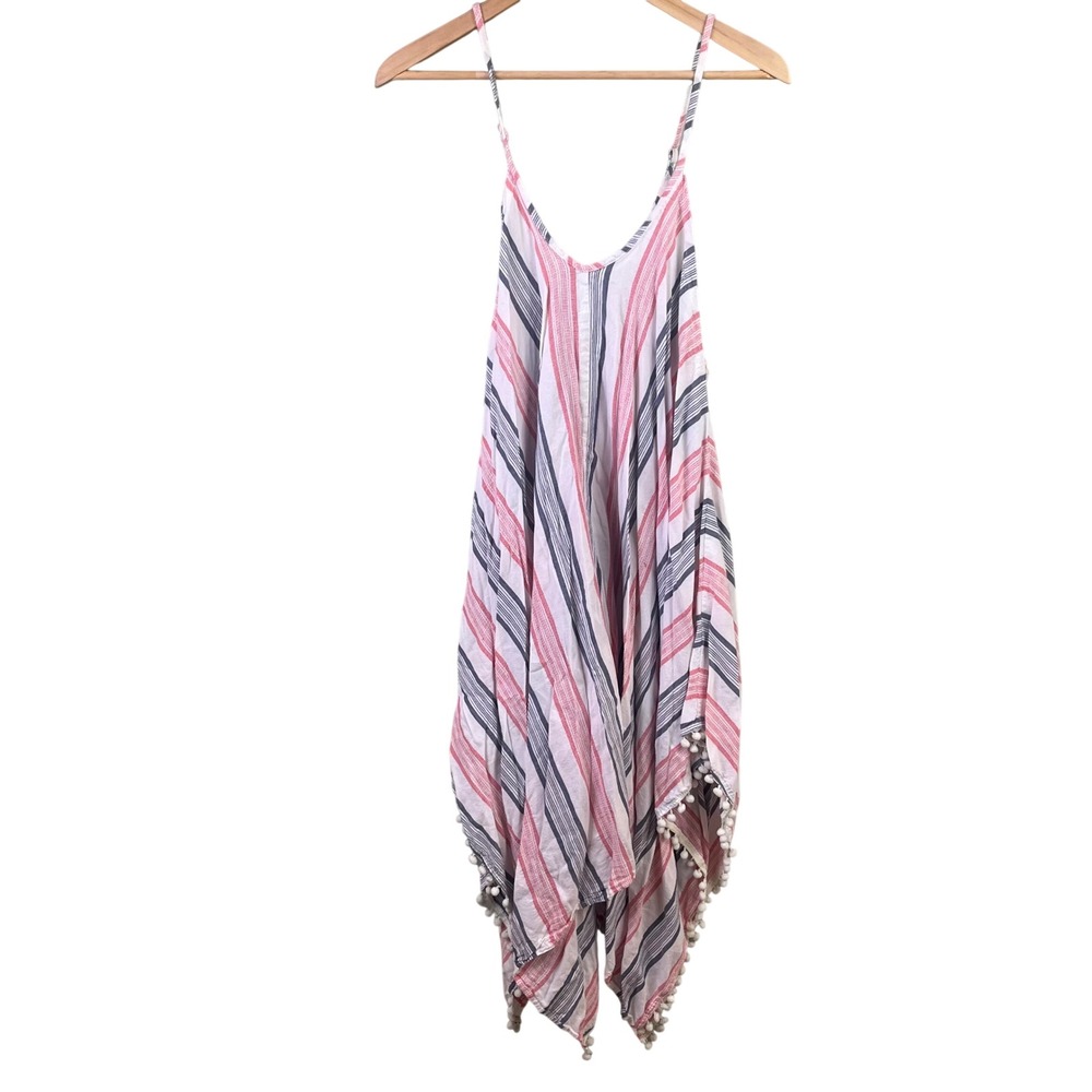 Goa Beachwear By Japna‎ Pink Gray Vertical Stripes Tassels Swim Cover Up Large